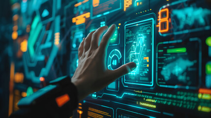  hand touches the screen of an AI interface with futuristic holographic data and graphs on it, surrounded by digital displays showing various technological