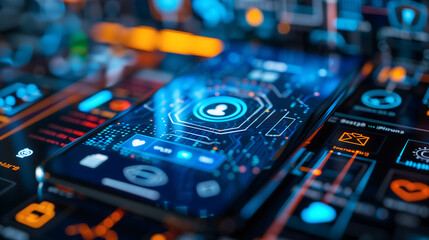 Digital concept of a mobile phone and computer screen displaying cyber security symbols, data protection and online safety technology background with glowing hologram icons