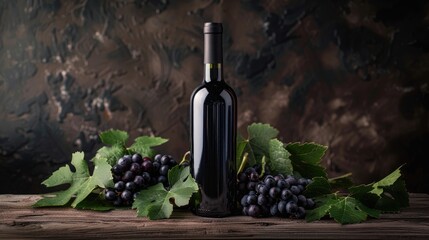 Bottle of wine with grape leaves on wooden surface against dark backdrop