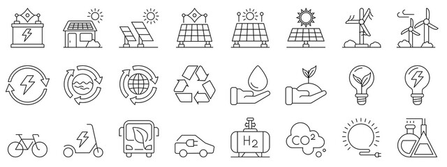 Green energy icon set. Collection of sustainable energy icons. Icons for renewable energy, green technology. Flat style icon. Environmental sustainability simple symbol.