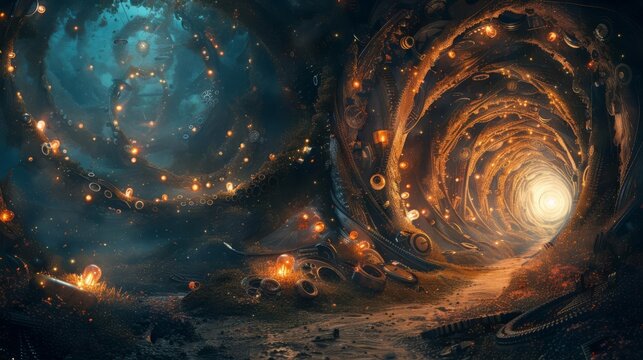 A mystical portal made from swirling gears and glowing light bulbs, leading to an unknown dimension
