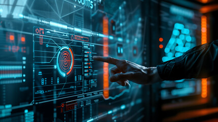  hand touches the screen of an AI interface with futuristic holographic data and graphs on it, surrounded by digital displays showing various technological