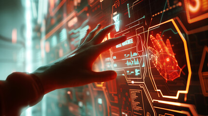  hand touches the screen of an AI interface with futuristic holographic data and graphs on it, surrounded by digital displays showing various technological