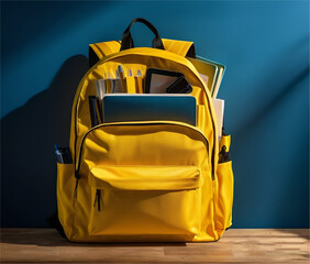 Yellow school bag with books in the bag 