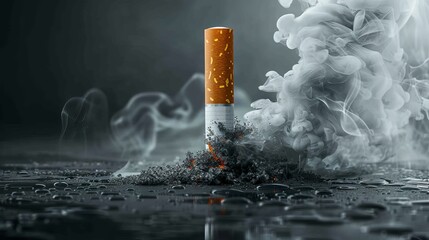 Cigarette in a clinical setting with tar visualized as a dark cloud around it, side view, highlighting health risks
