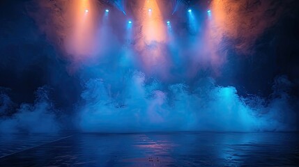 Naklejka premium A stage with lights and smoke. The lights are blue, red, and yellow