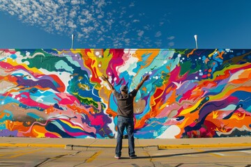 A mature black man standing in front of a vibrant and expressive mural painted on a wall outdoors