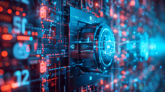 futuristic digital security safe with glowing holographic code symbols, set against an abstract background of binary numbers and data streams 