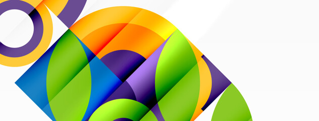 A vibrant geometric design featuring a chameleon in electric blue and magenta, with triangles, circles, and symmetrical patterns on a white background resembling stained glass