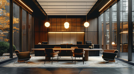 A long low concierge table with four chairs in front of a wall of black steel framed offices with...