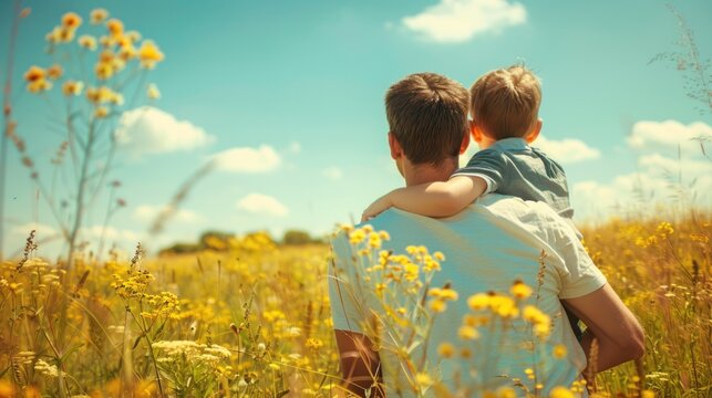 Son on father's back in the meadow on a clear day