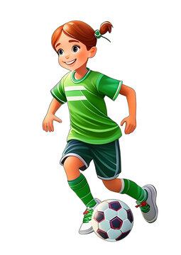 Football girl in green team shirt and orange shorts, AI generative