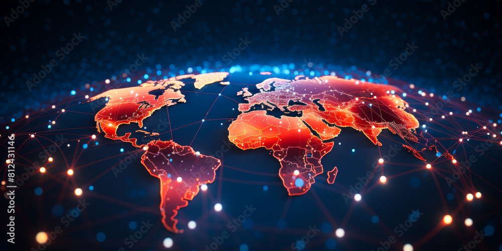 Poster interconnected global network: glowing red world map with illuminated nodes representing digital con
