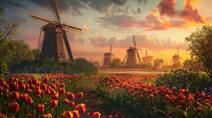 windmill country's landscapes as you take in the breathtaking views of colorful tulips swaying in...