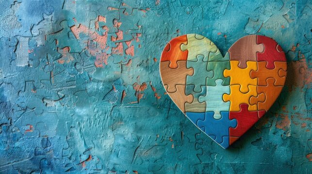 A vibrant puzzle sits against a backdrop of soothing blue showcasing a multi colored heart as a poignant symbol for World Autism Awareness Day in a stylish flat lay composition