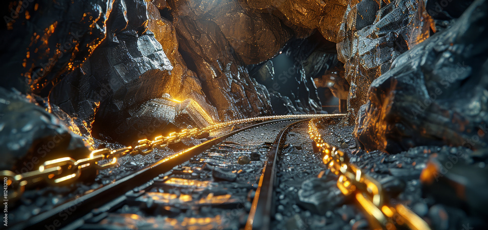 Poster underground mine with tracks and wagons for coal mining, view of a tunnel in an old abandoned gold o