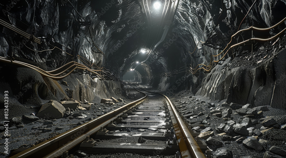 Poster underground mine with tracks and wagons for coal mining, view of a tunnel in an old abandoned gold o