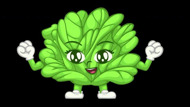 Cartoon spinach character showing biceps. humanized spinach vegetable. healthy food concept, animation video with alpha channel