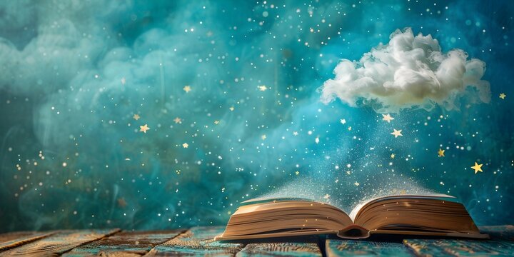 Open Book Floating in Starry Night Sky with Clouds Storytelling and Creative Writing Concept