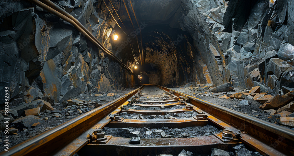 Poster underground mine with tracks and wagons for coal mining, view of a tunnel in an old abandoned gold o