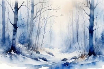Watercolor painting of foggy winter forest in blue and grey colors. Abstract misty forest illustration for Christmas cards, prints, posters, banners, backgrounds