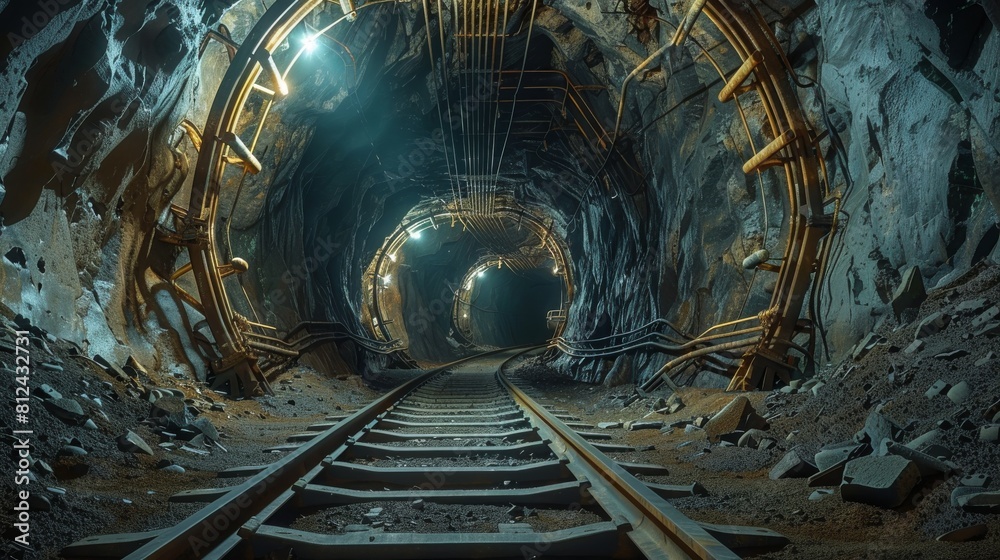 Poster underground mine with tracks and wagons for coal mining, view of a tunnel in an old abandoned gold o