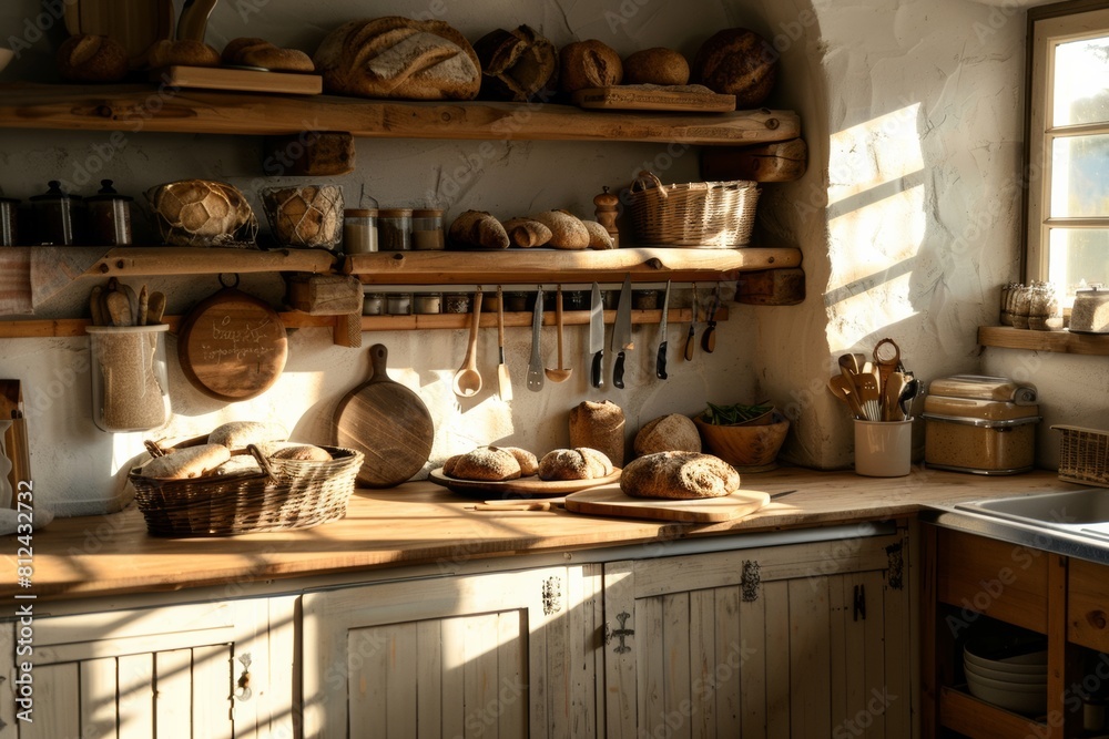 Poster a cozy kitchen filled with an abundance of freshly baked bread lining the shelves, creating a warm a