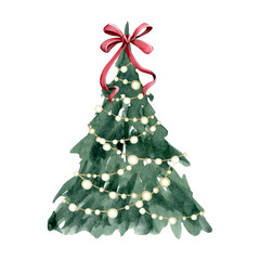 Christmas tree with festive red bow decoration on top and shining garland lights watercolor illustration isolated on white background for Happy New Year greeting cards and designs