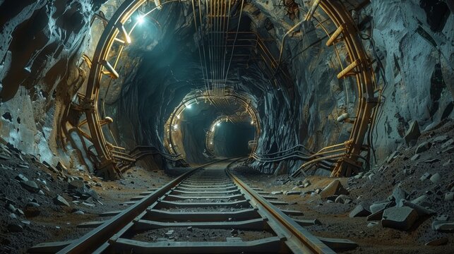 Underground mine with tracks and wagons for coal mining, view of a tunnel in an old abandoned gold or silver mine. Interior. stone cave. Generative AI.