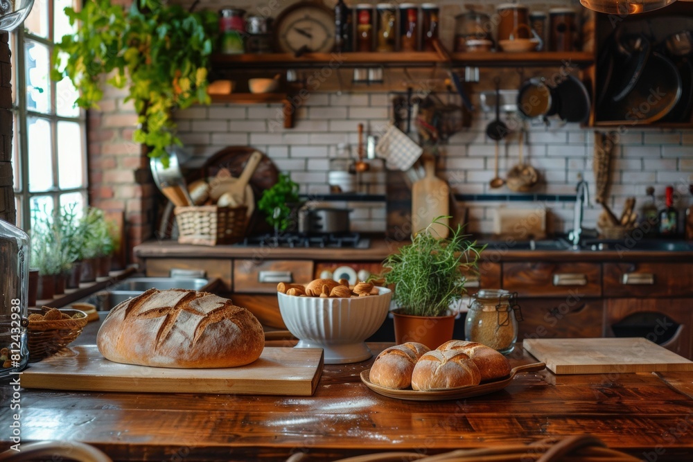 Poster a cozy kitchen setting with various types of freshly baked bread displayed on a table, inviting view