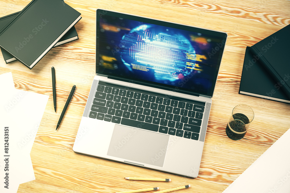 Fototapete abstract creative coding concept with world map on modern laptop screen. 3d rendering