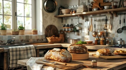 A cozy kitchen counter filled with an abundance of freshly baked bread loaves, rolls, and baguettes. Generative AI