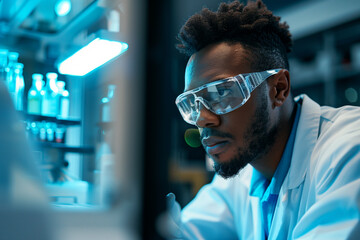 A man wearing a lab coat and safety glasses is leaning against a shelf. He is wearing a white lab coat and has a serious expression on his face
