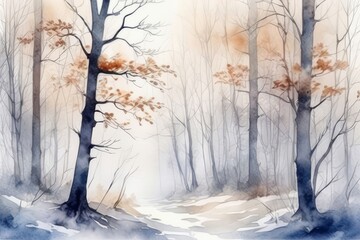 Watercolor painting of foggy winter forest in grey and beige colors. Abstract misty forest illustration for Christmas cards, prints, posters, banners, backgrounds