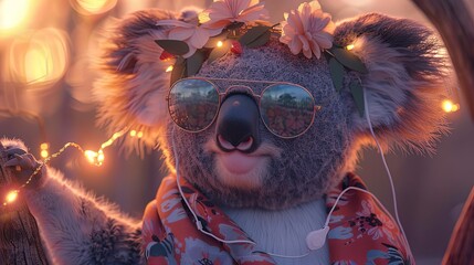 Anthropomorphic koala enjoying music, wearing headphones and a flower crown. Outdoor sunset scene with magical lighting. Relaxation and music enjoyment concept. Design for poster, greeting card. - obrazy, fototapety, plakaty