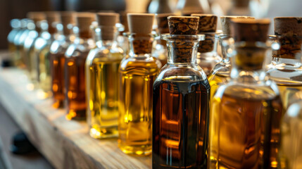 In the background are various essential oils in jars. There are a lot of oils on the shelf. Dangerous and healthy oils.