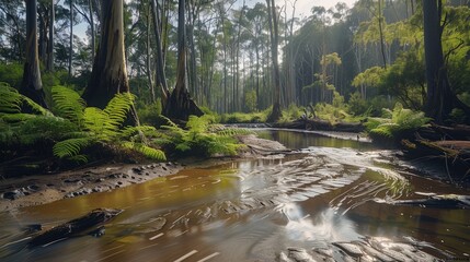 Open wide landscape area with prehistoric big murky river meandering through low grown fern tree and vines, tall clay muddy dirt river banks on the sides of the river. Generative AI.