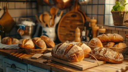Several baskets of freshly baked bread are arranged on a wooden table in a warm and inviting kitchen. Generative AI