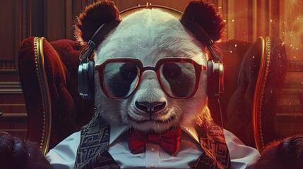 Anthropomorphic panda listening to music, wearing red glasses and headphones. Classic indoor setting with a vintage vibe. Relaxation and music appreciation concept. Design for poster, greeting card. - obrazy, fototapety, plakaty
