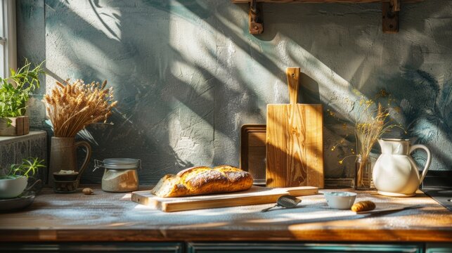 On a cozy kitchen counter sit freshly baked bread loaves, a jar of honey, and a cutting board. A warm, inviting scene perfect for homemade culinary services and cookbooks. Generative AI