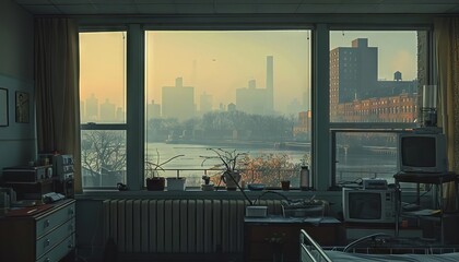 Fototapeta premium A powerful image of a hospital ward viewing room, where the outside window shows a hazy, polluted skyline