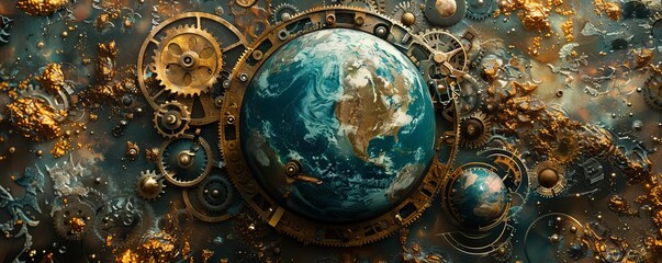 A powerful graphic of Earth enveloped in a cage of gears, depicting the mechanization of the natural world