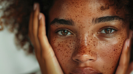 Close-up of a young African American woman with freckles on her face posing against a light background. Beautiful dark-skinned woman with healthy skin. Skin care, beauty concept.