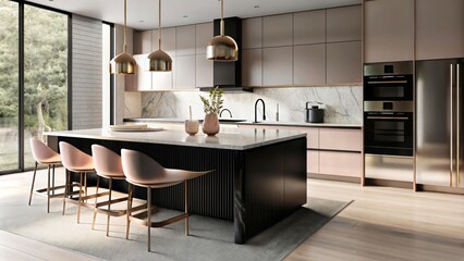 Modern kitchen interior design, luxury minimalist open concept with island and bar counter for dining area in the apartment or house, black wooden table top surface, neutral color palette with pink ac