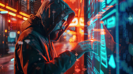 hacker in a hood and mask is trying to crack the connection between two computer networks, cyber security concept, in a high tech style, in the colors of cyberpunk
