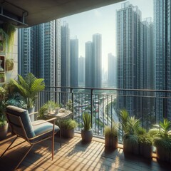 Balcony Oasis: Green Plants and Lounge Chairs Amidst Towering Buildings