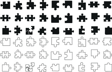 Obraz premium jigsaw puzzle piece silhouette and line art in various shapes, Perfect jigsaw puzzle vector set for concepts of connection, solution, challenge, complexity, game
