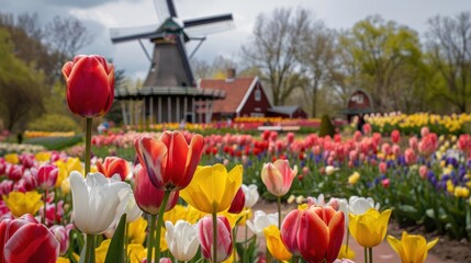 Obraz premium windmill country's landscapes as you take in the breathtaking views of colorful tulips swaying in the gentle breeze, creating a scene of pure tranquility