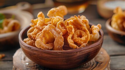 Deep fried pork skin snacks known as pork rinds or chicharron are a savory treat