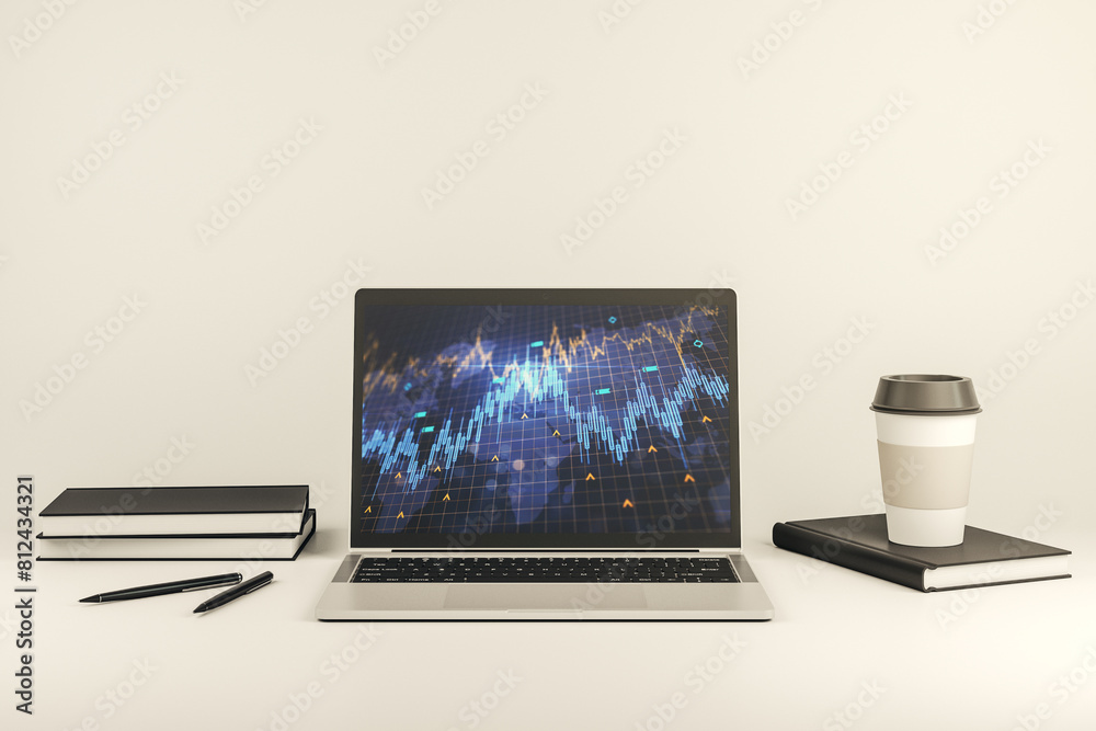 Leinwandbilder modern computer monitor with abstract creative financial chart with world map, research and strategy